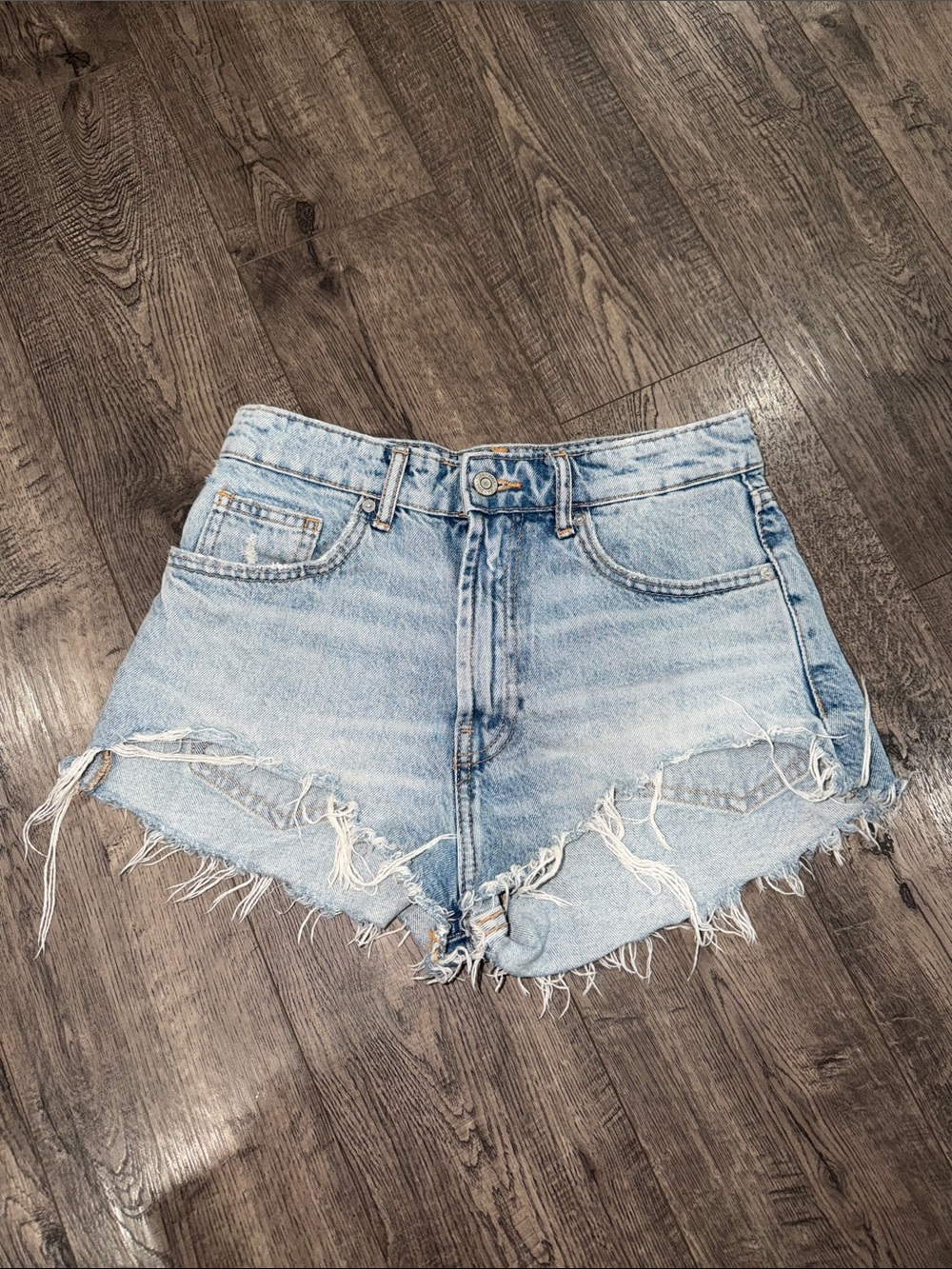 Zara Light Wash Frayed Distressed Jean Shorts